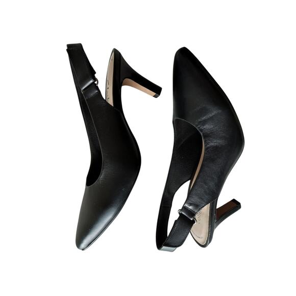 Clarks Women's Ileana Poppy Pump Slingback Pointed-Toe Black Leather Heels Sz 7 - Picture 1 of 8